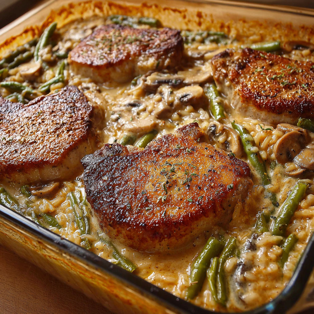 A delicious pork chop casserole with mushrooms, green beans, and rice.