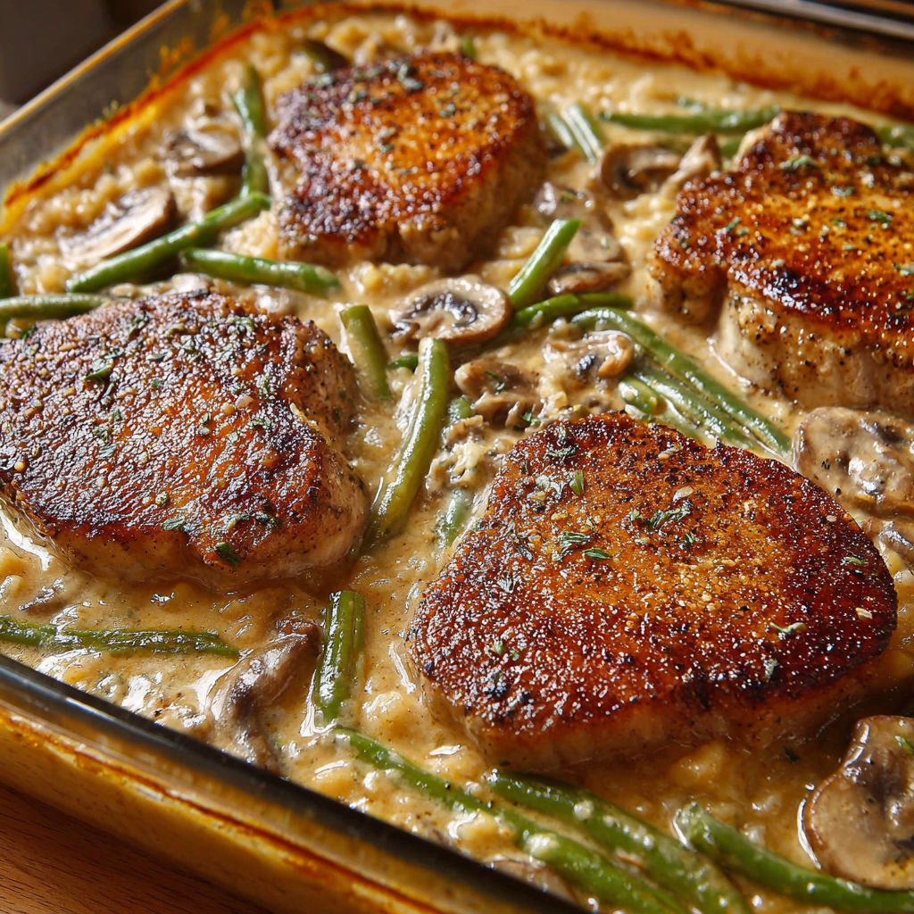 A dish of meat and vegetables, including mushrooms and green beans, is served in a pan.