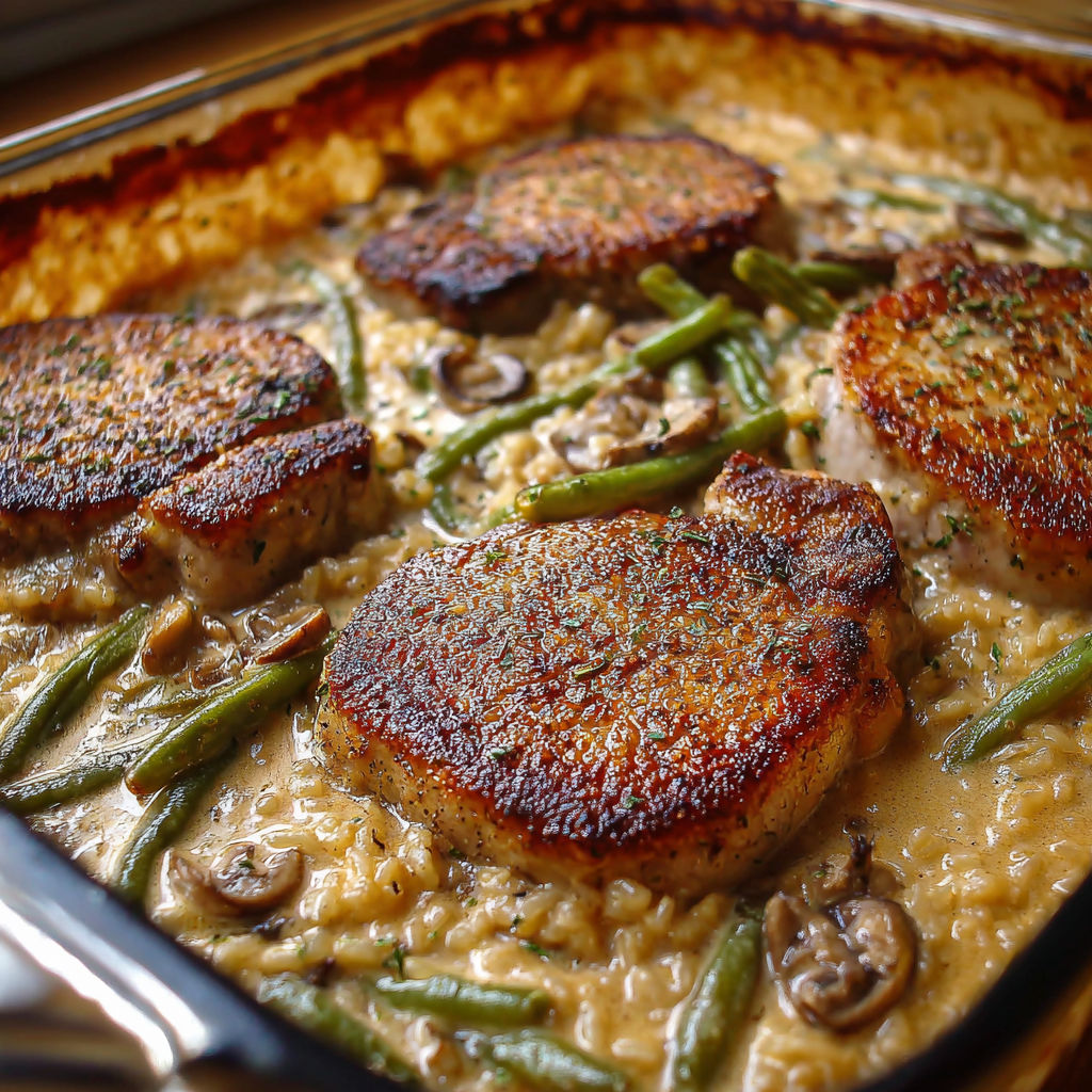 A dish of meat and vegetables, including green beans and mushrooms, is cooked in a pan.