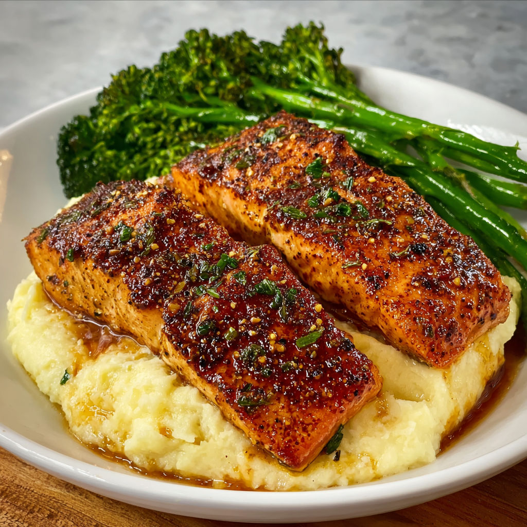 A plate of food with salmon and broccoli, accompanied by a side of mashed potatoes and a sauce.