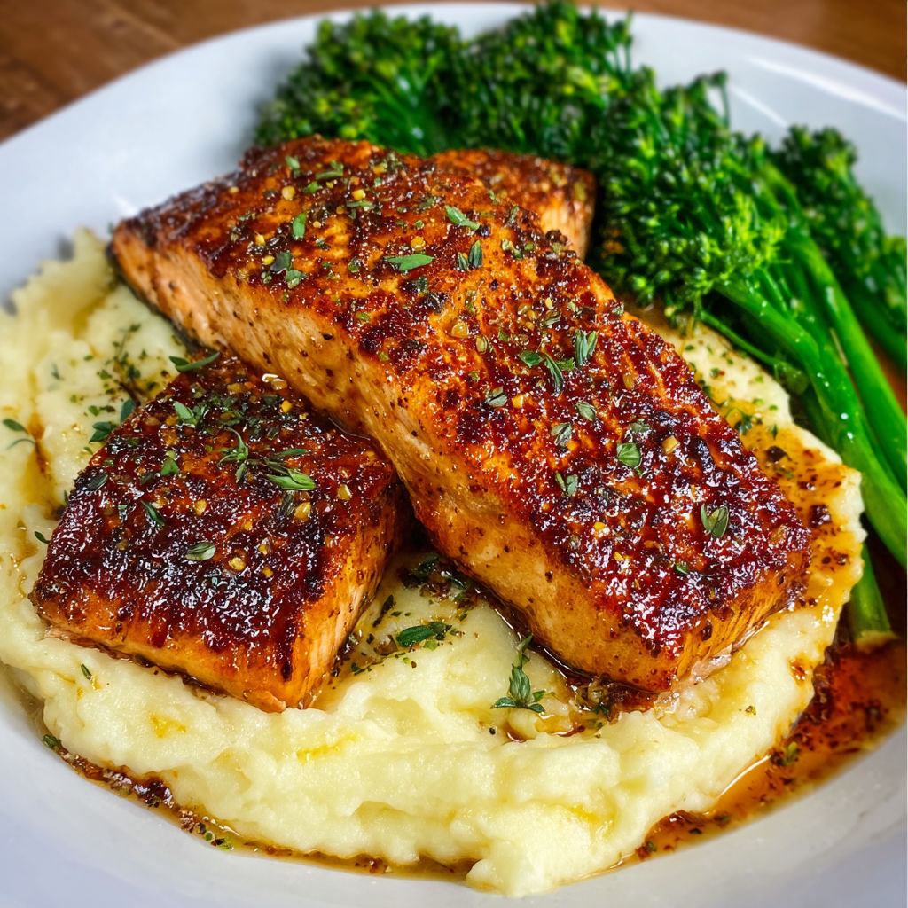 A plate of food with salmon and broccoli, accompanied by a side of mashed potatoes and a sauce.