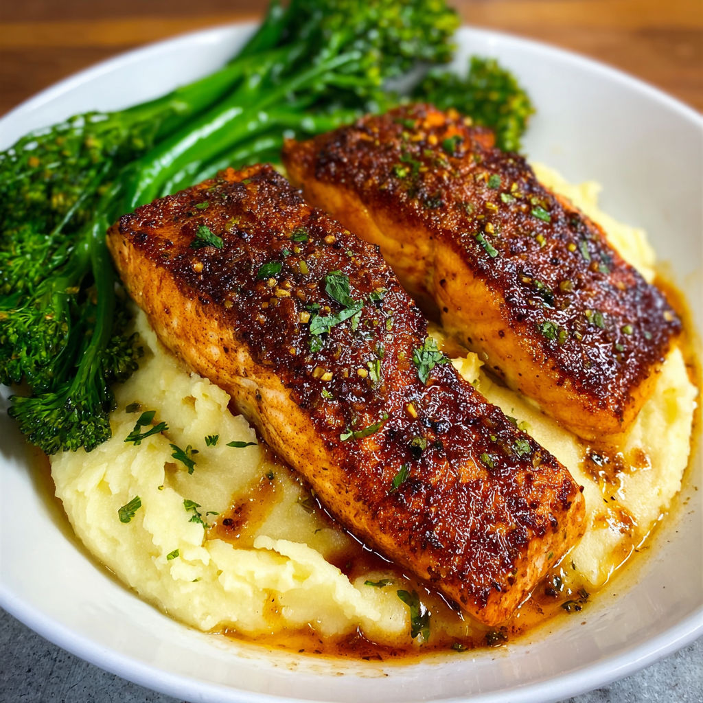 A delicious Honey Garlic Salmon dish served on a plate with a side of mashed potatoes and broccoli.