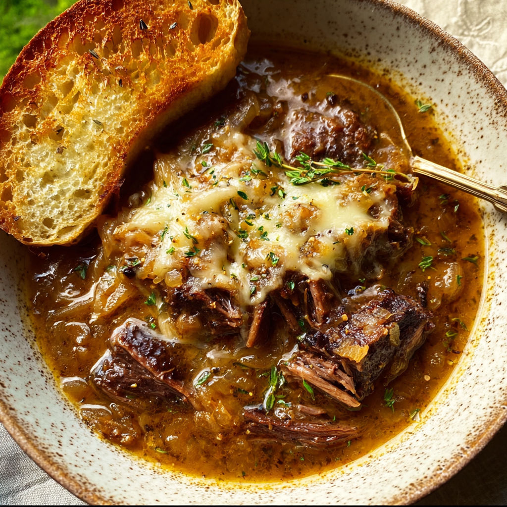 A bowl of soup with meat and vegetables, accompanied by a slice of bread.