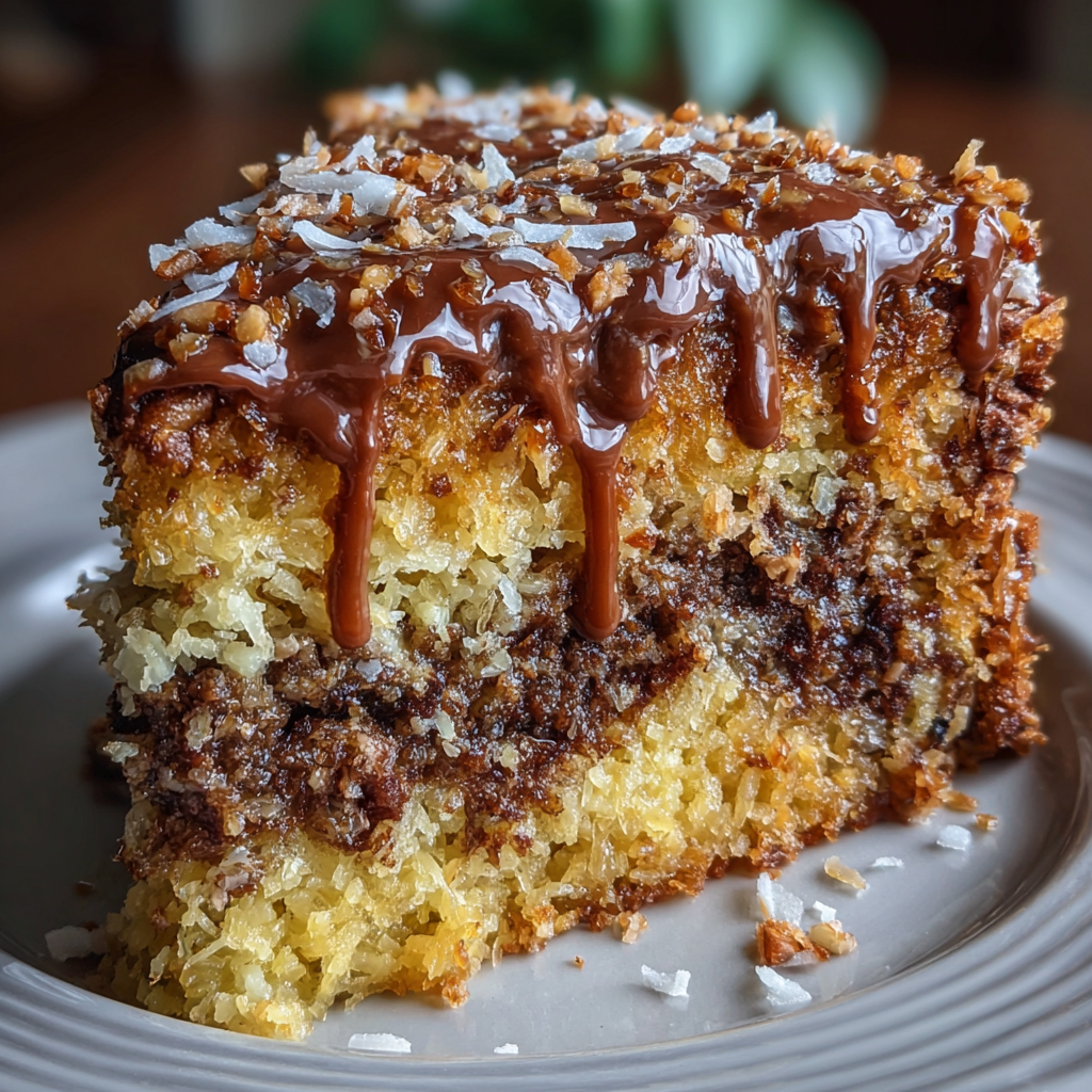 A slice of German Chocolate Paradise Cake with chocolate drizzle on a white plate.