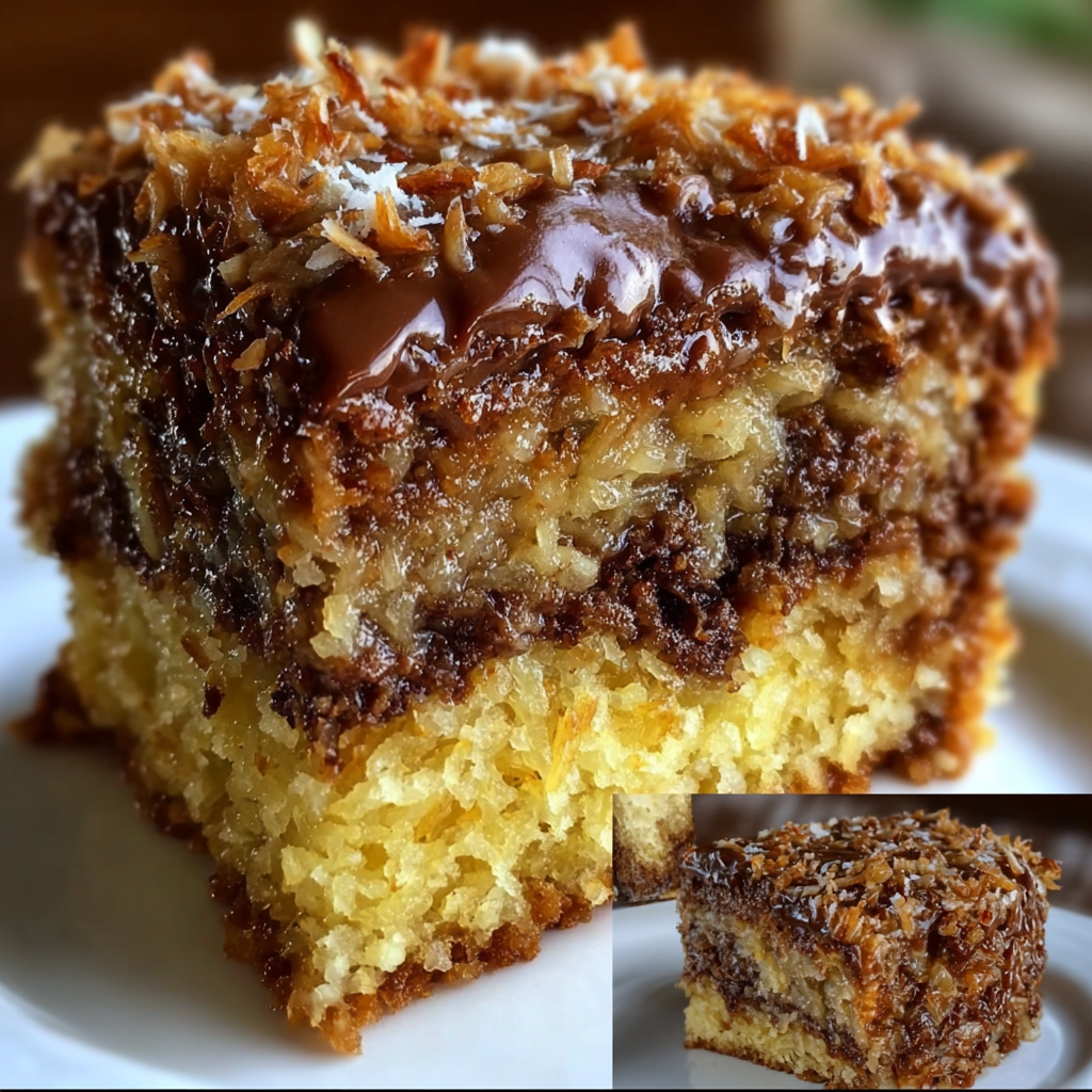 A slice of coconut cake with chocolate frosting on a white plate.