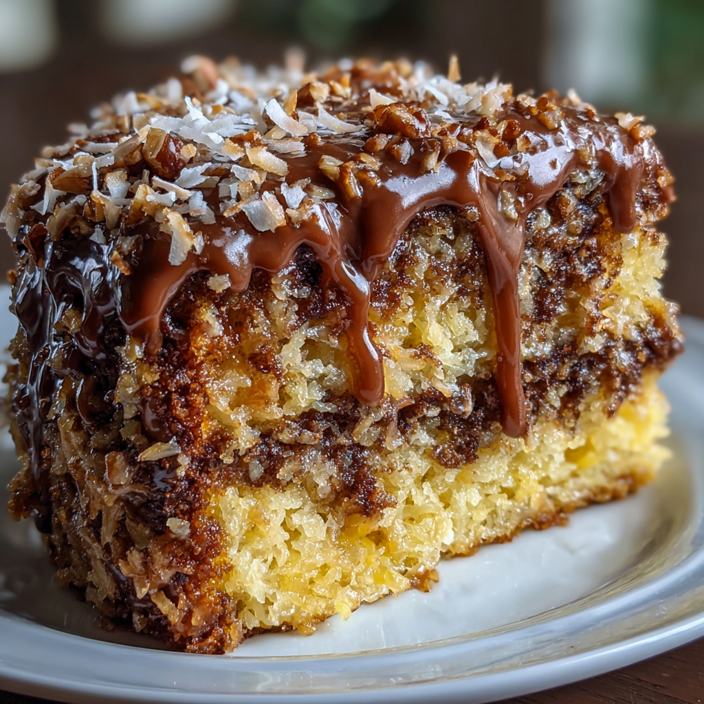 A slice of cake with chocolate drizzled on top, sitting on a white plate.