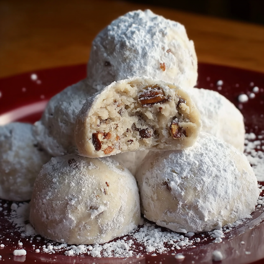 A plate of powdered sugar-covered pastries, including a cinnamon roll, is displayed on a wooden table.