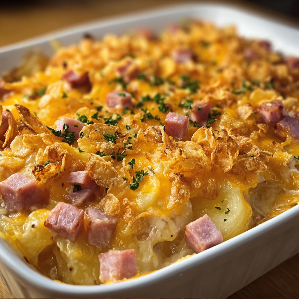 A delicious ham and cheese casserole in a white bowl.