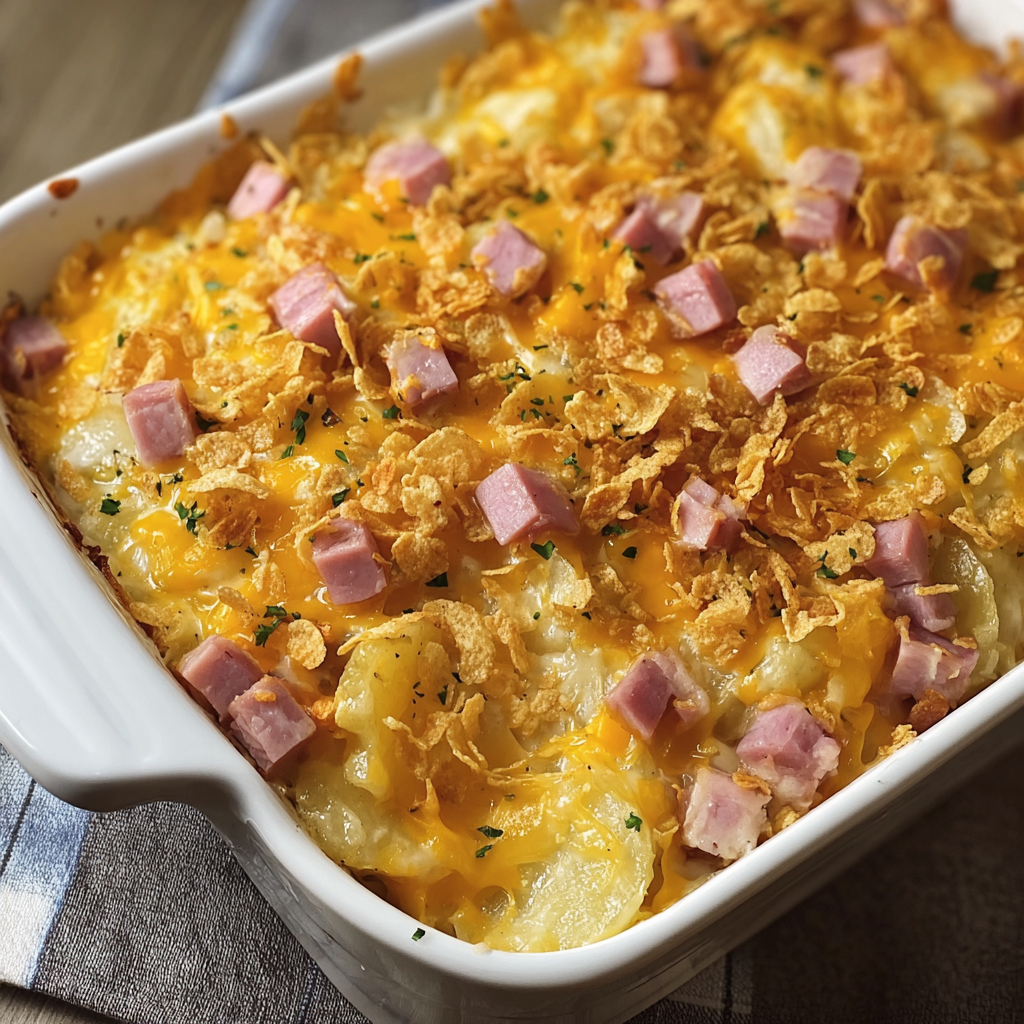 A delicious ham and cheese casserole with a golden brown crust.