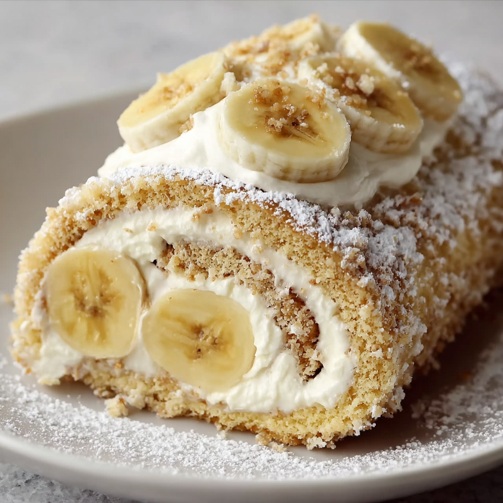 A delicious dessert roll with bananas and whipped cream on a plate.