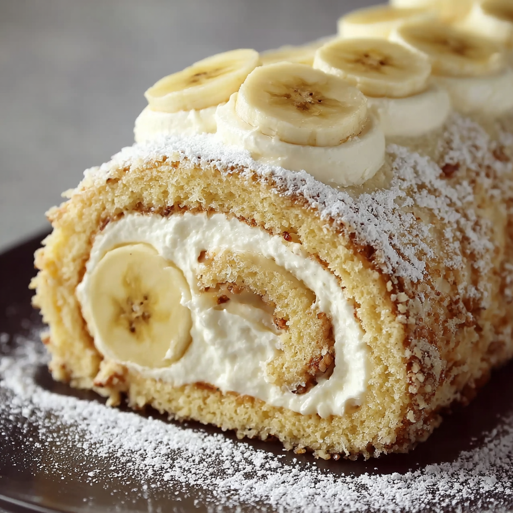 A delicious dessert roll with bananas and whipped cream on top.