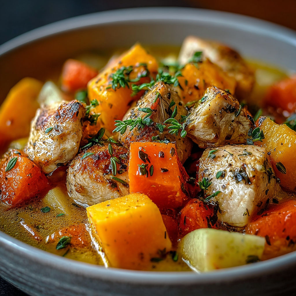 A bowl of stew containing chicken, carrots, and parsley.