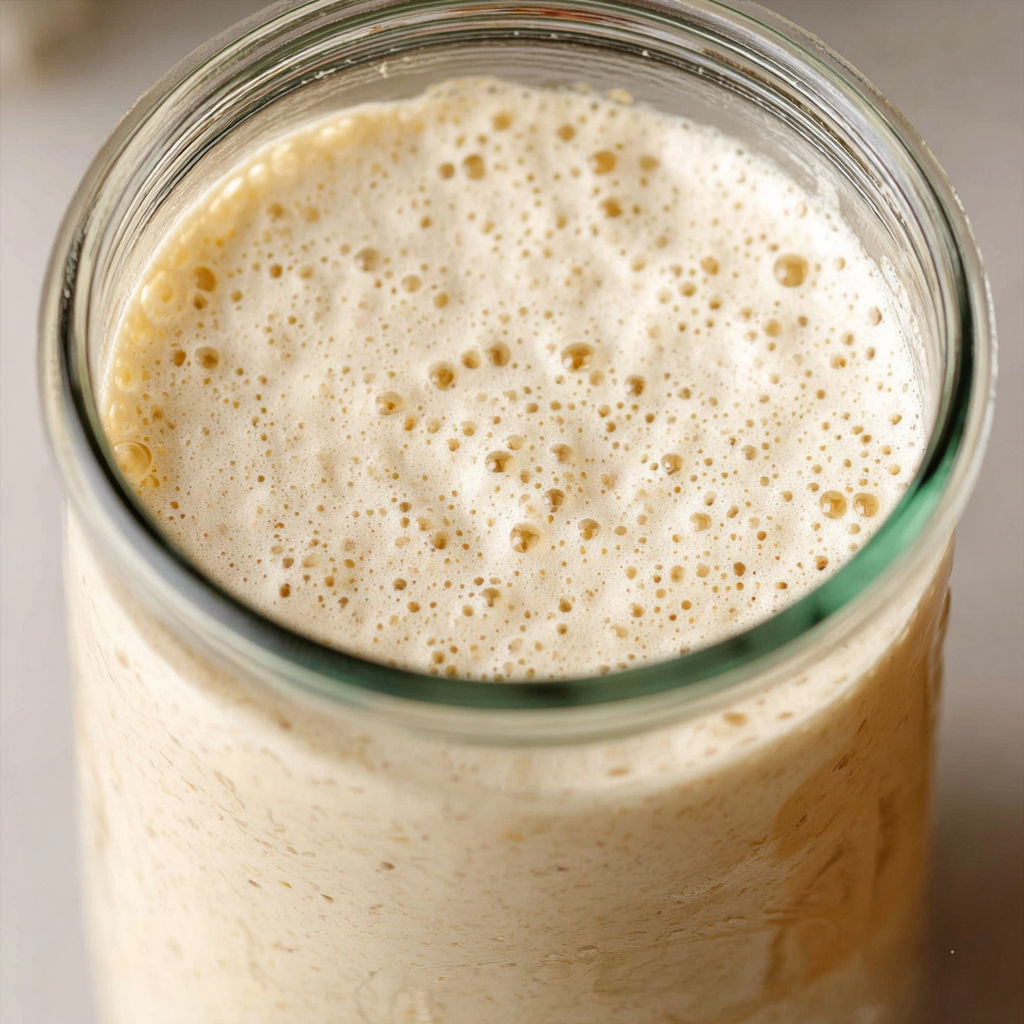 A glass jar filled with a sourdough starter recipe.