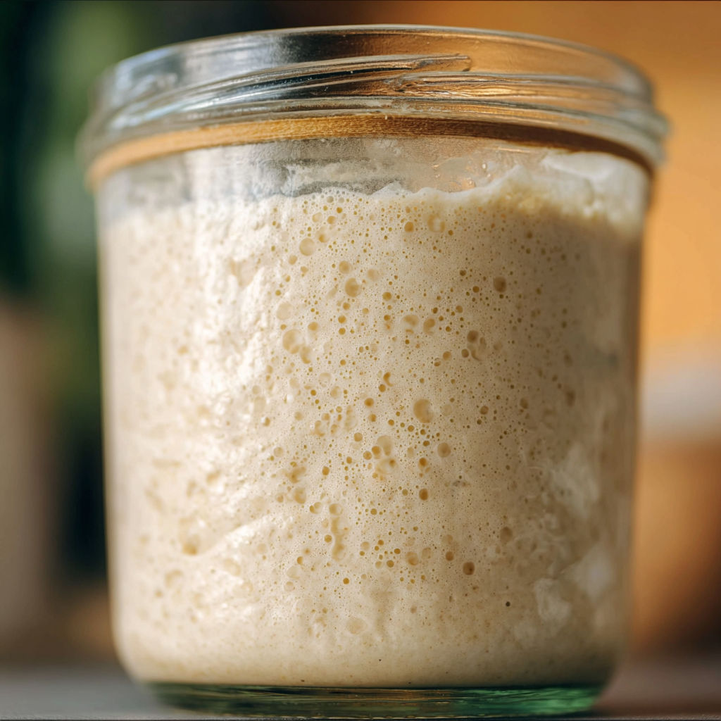A jar of sourdough starter sits on a table, ready to be used in a recipe.