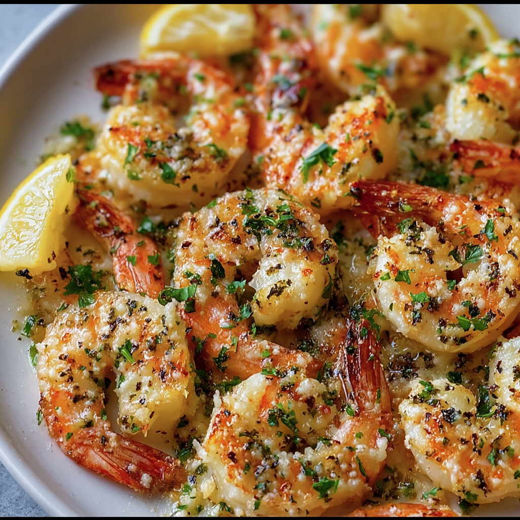 A plate of Baked Garlic Parmesan Shrimp with lemon wedges on top.