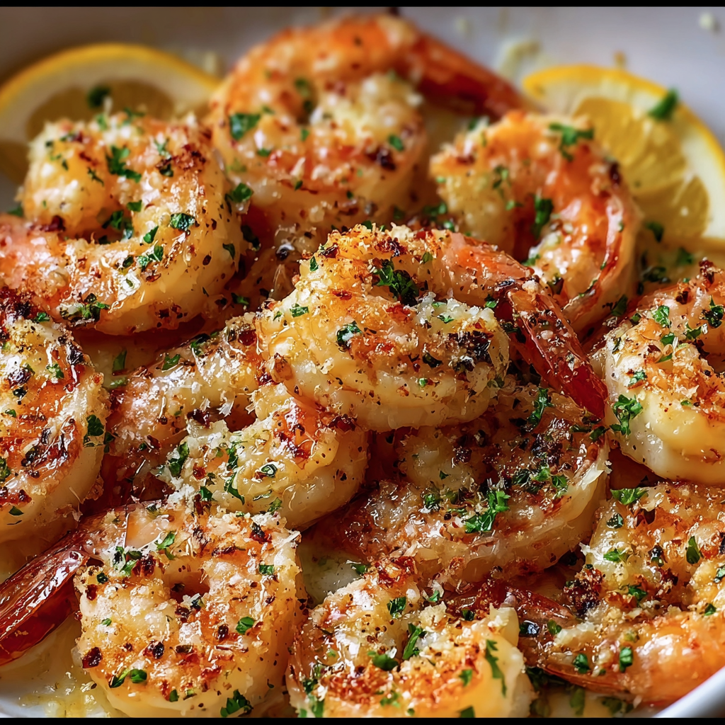 A bowl of shrimp with lemon and herbs, served with a side of lemon wedges.