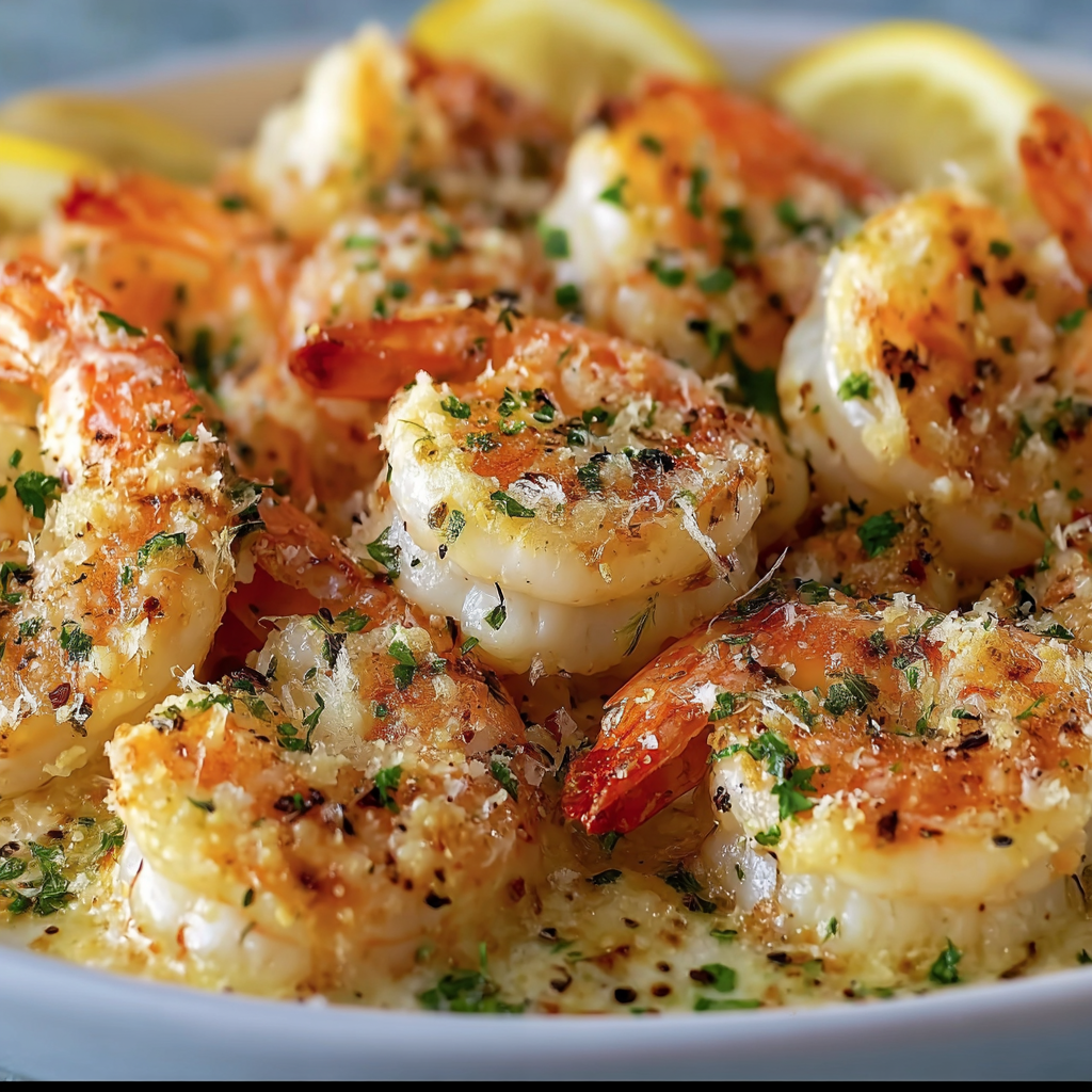 A plate of shrimp and lemon wedges, served with a garlic sauce.