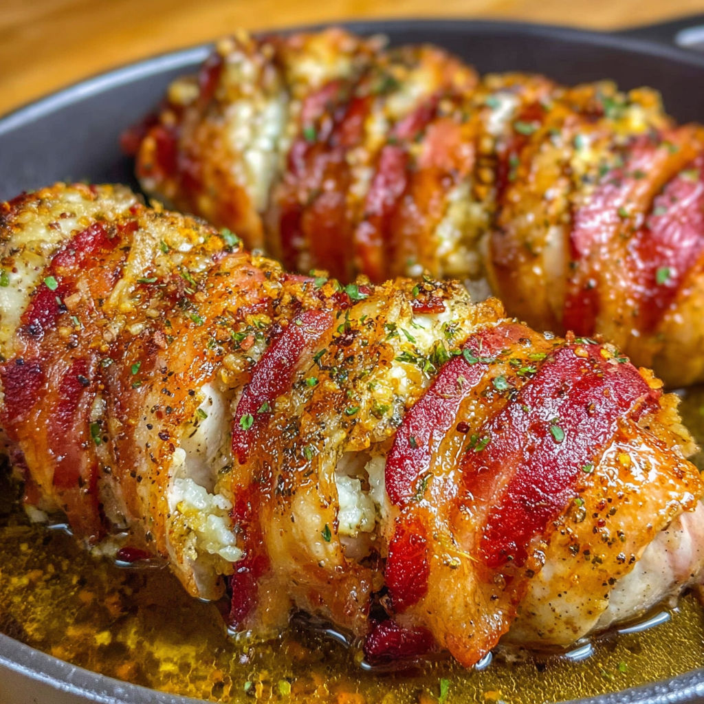 A delicious meal of chicken wrapped in bacon and cooked in a pan.