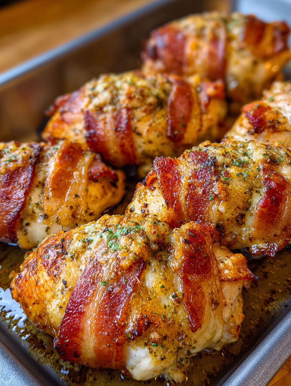 A delicious meal of bacon wrapped chicken with a side of herbs and spices.