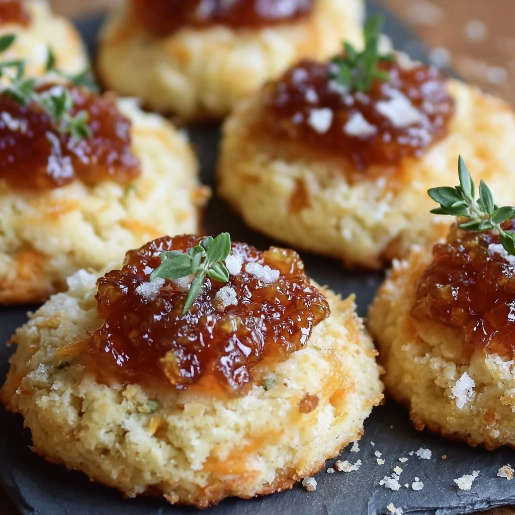 A plate of delicious cheesy thumbprint savory cookies with bourbon tomato jam.