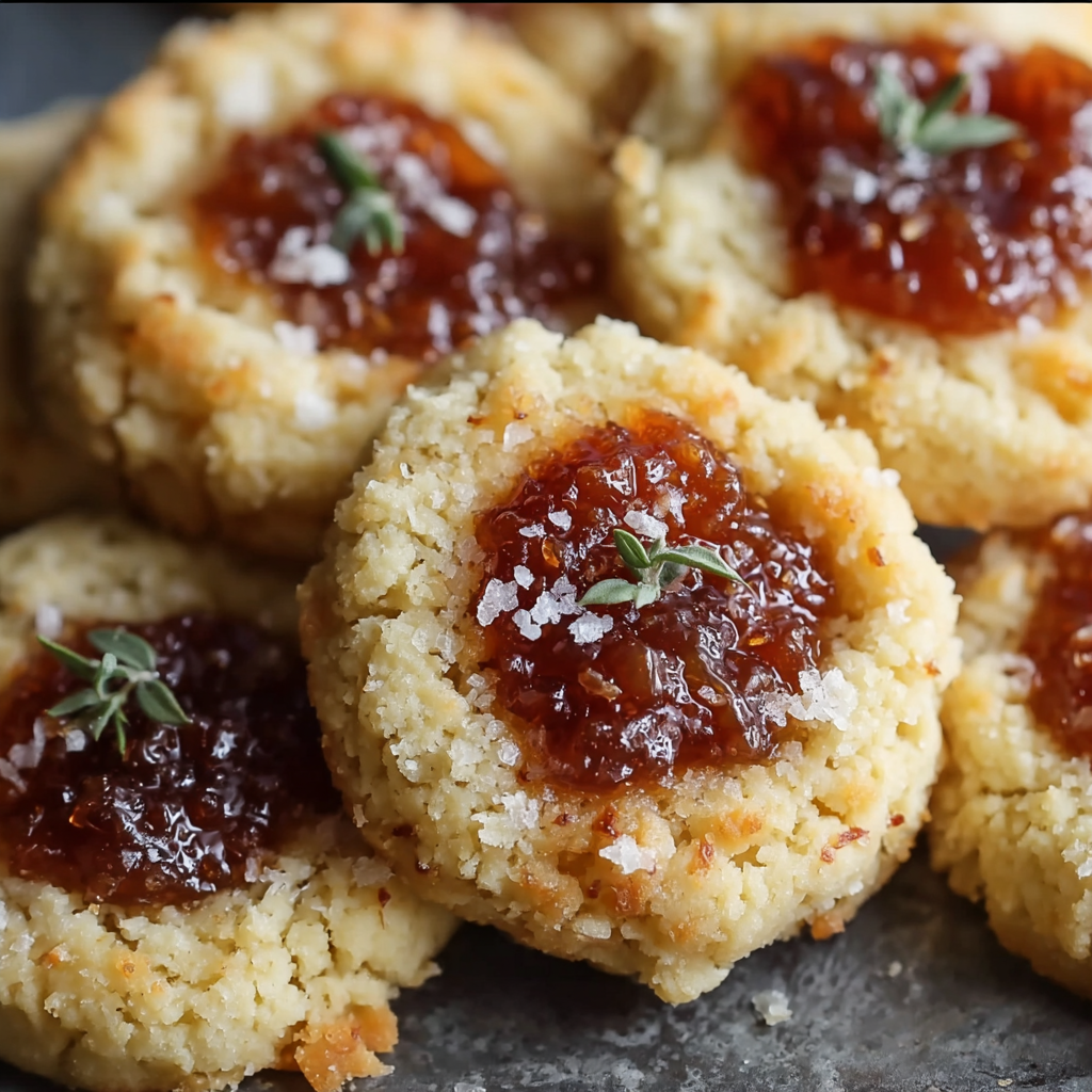 A close up of a cookie with jam on top.