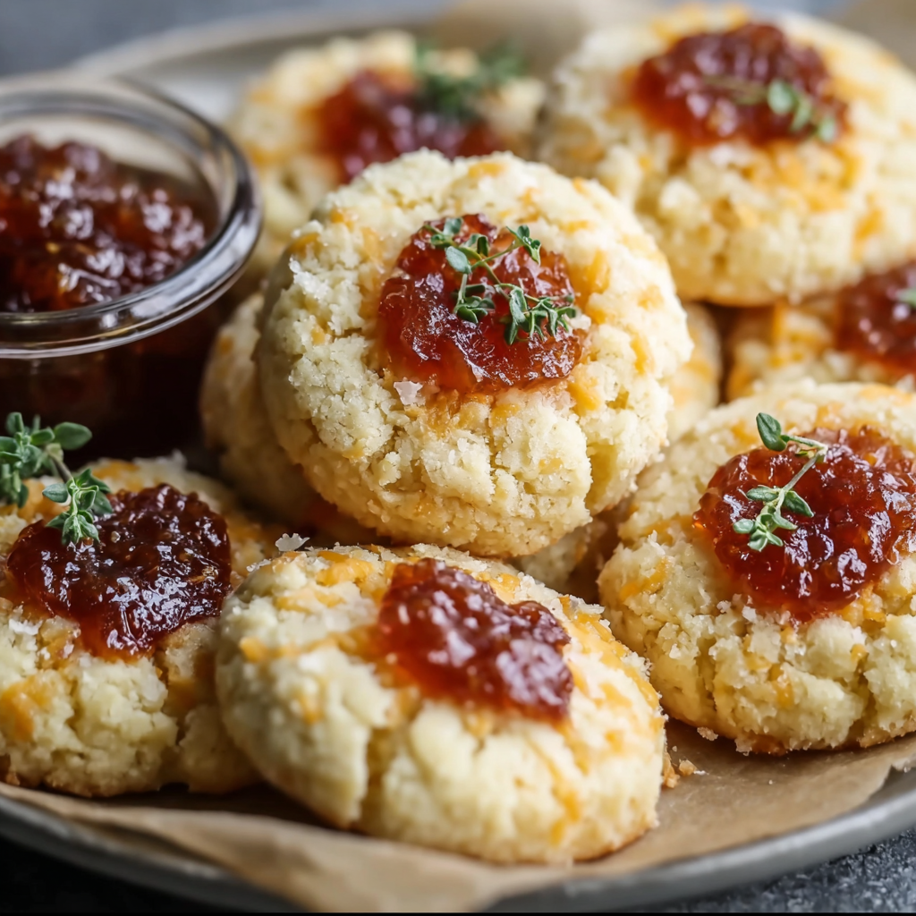A plate of cookies with jam on top, ready to be eaten.