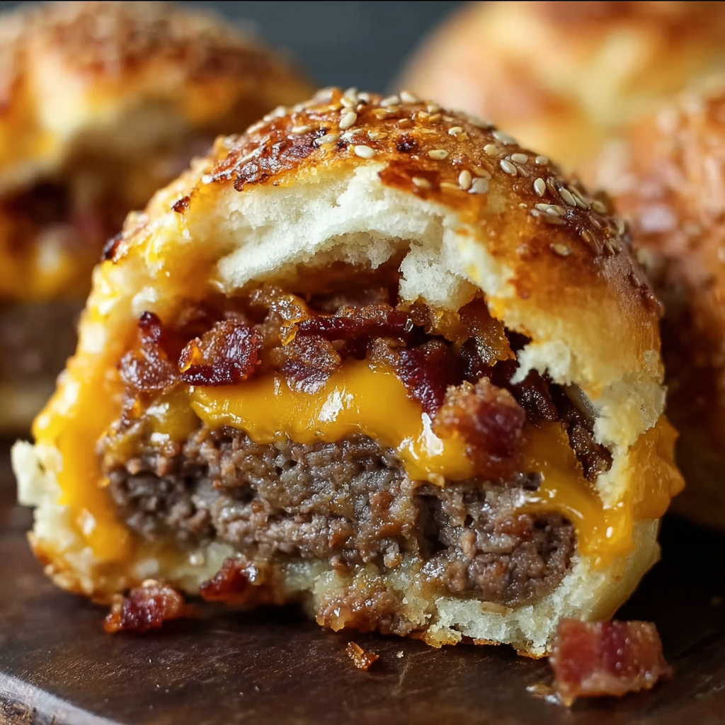 A close up of a delicious bacon cheeseburger bomb.
