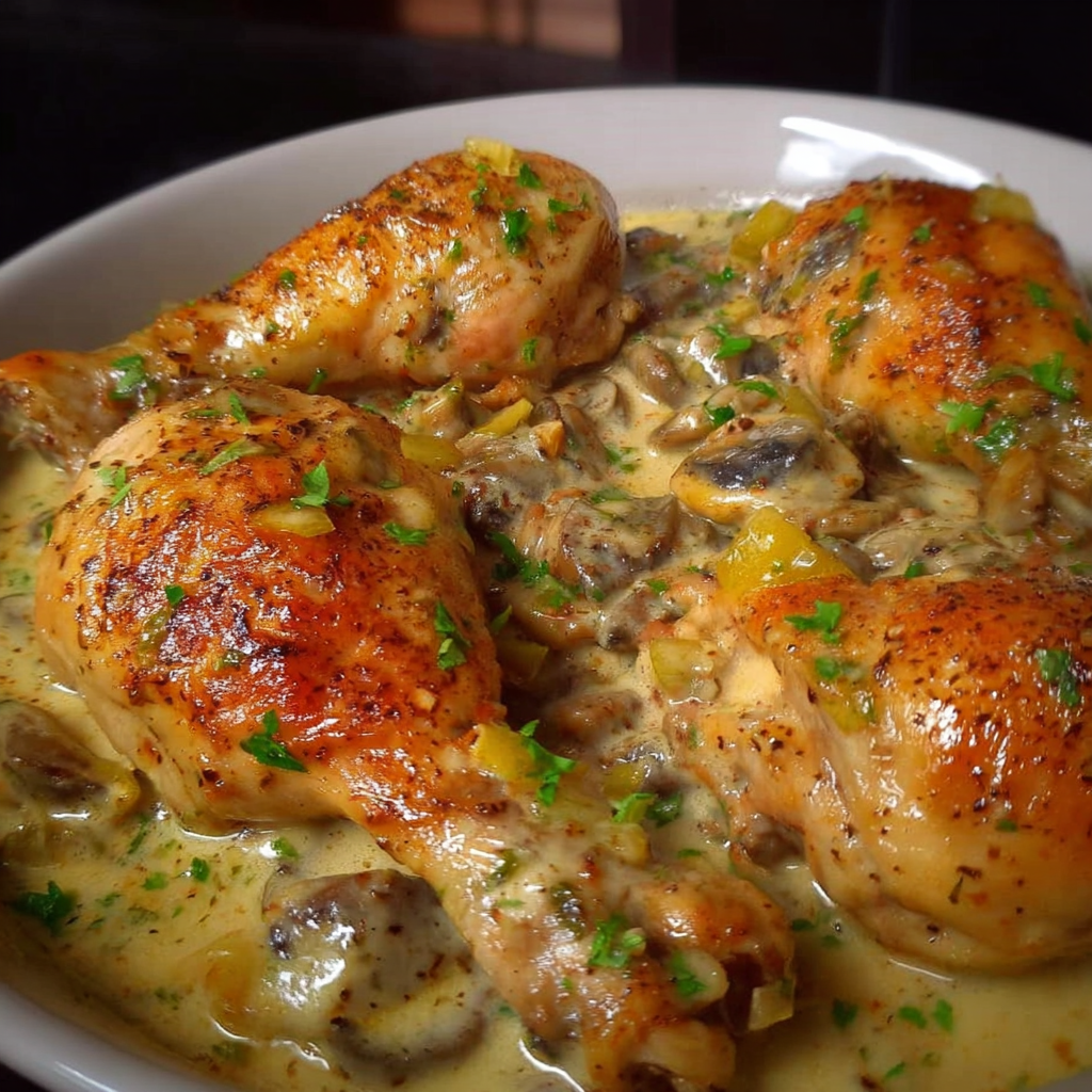 A plate of Creamy Baked Chicken Legs with Mushroom Sauce.