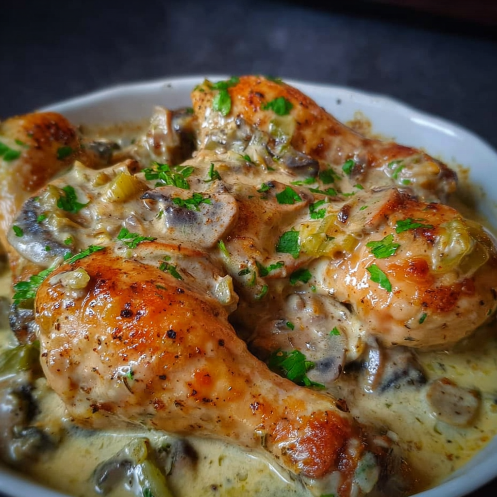 A bowl of chicken with mushrooms and herbs, likely a creamy mushroom chicken dish.