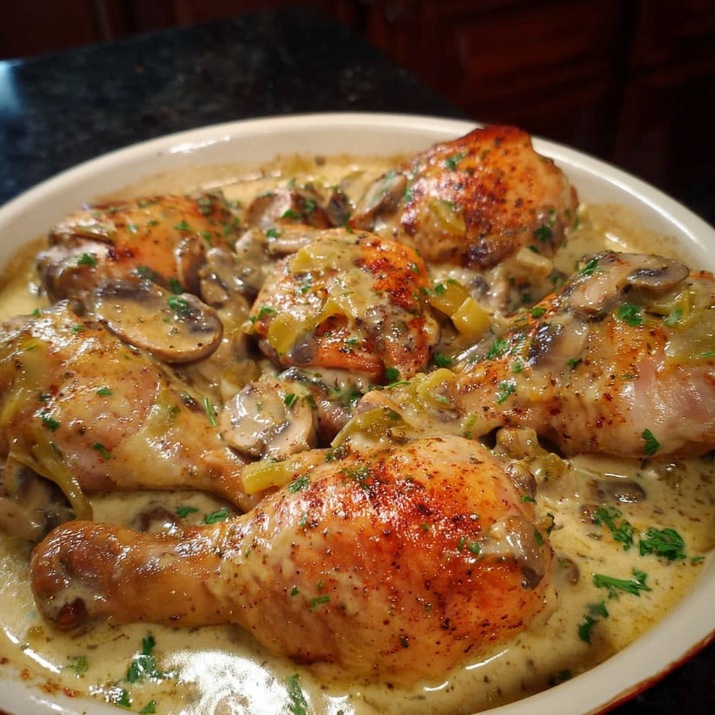 A plate of chicken with mushrooms and green peppers, served with a creamy sauce.
