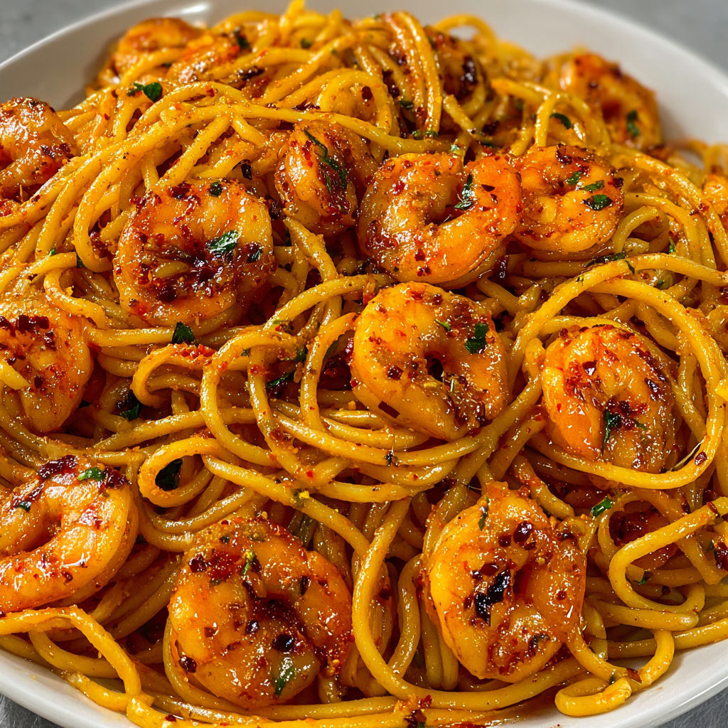 A bowl of Spicy Shrimp Scampi noodles with a generous amount of shrimp and spices.