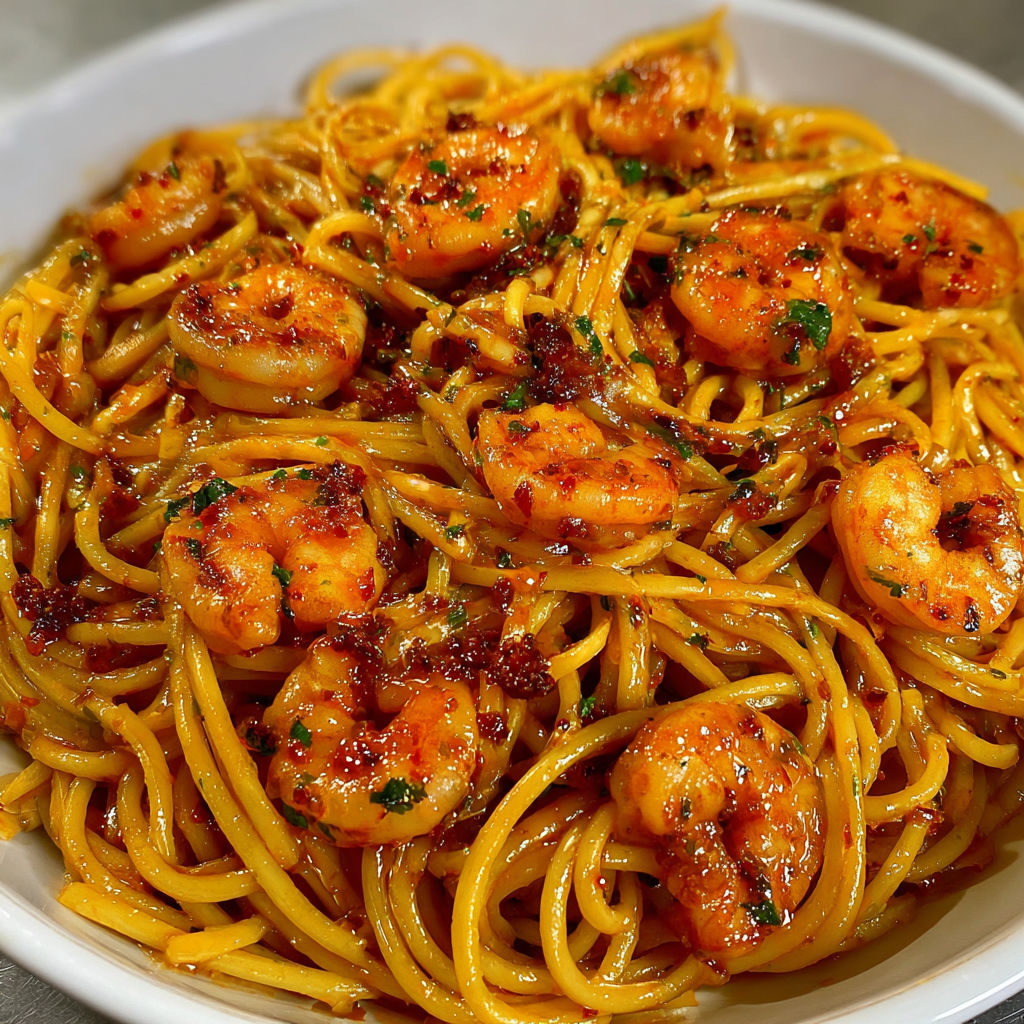 A bowl of shrimp and noodles, possibly a shrimp and lobster linguine dish, is served on a table.