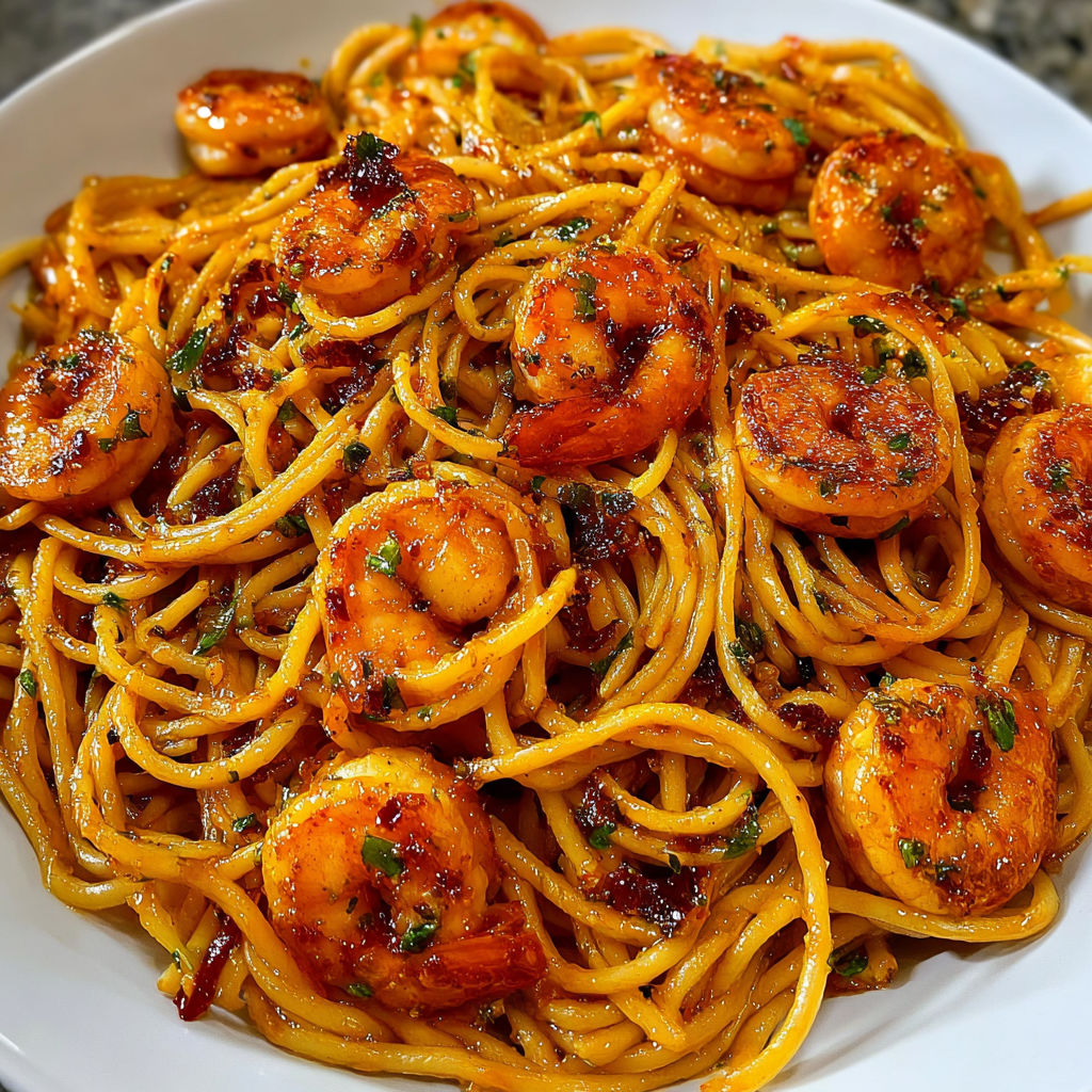 A bowl of shrimp and noodles with a spicy sauce.