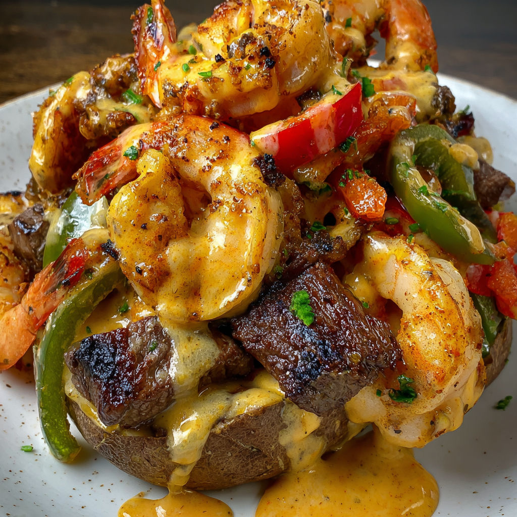 A delicious loaded baked potato filled with shrimp and steak, topped with cheese and a creamy sauce.
