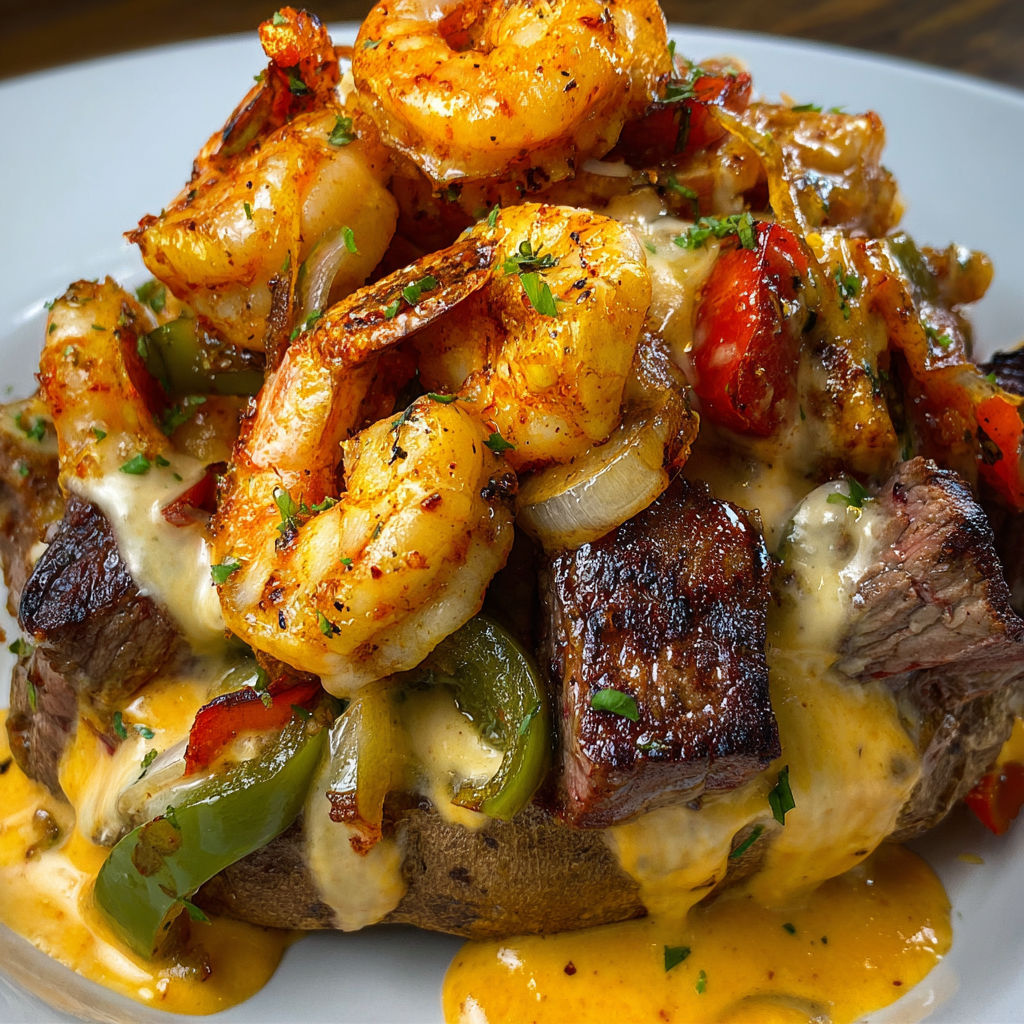 A delicious meal of steak and shrimp loaded baked potato.
