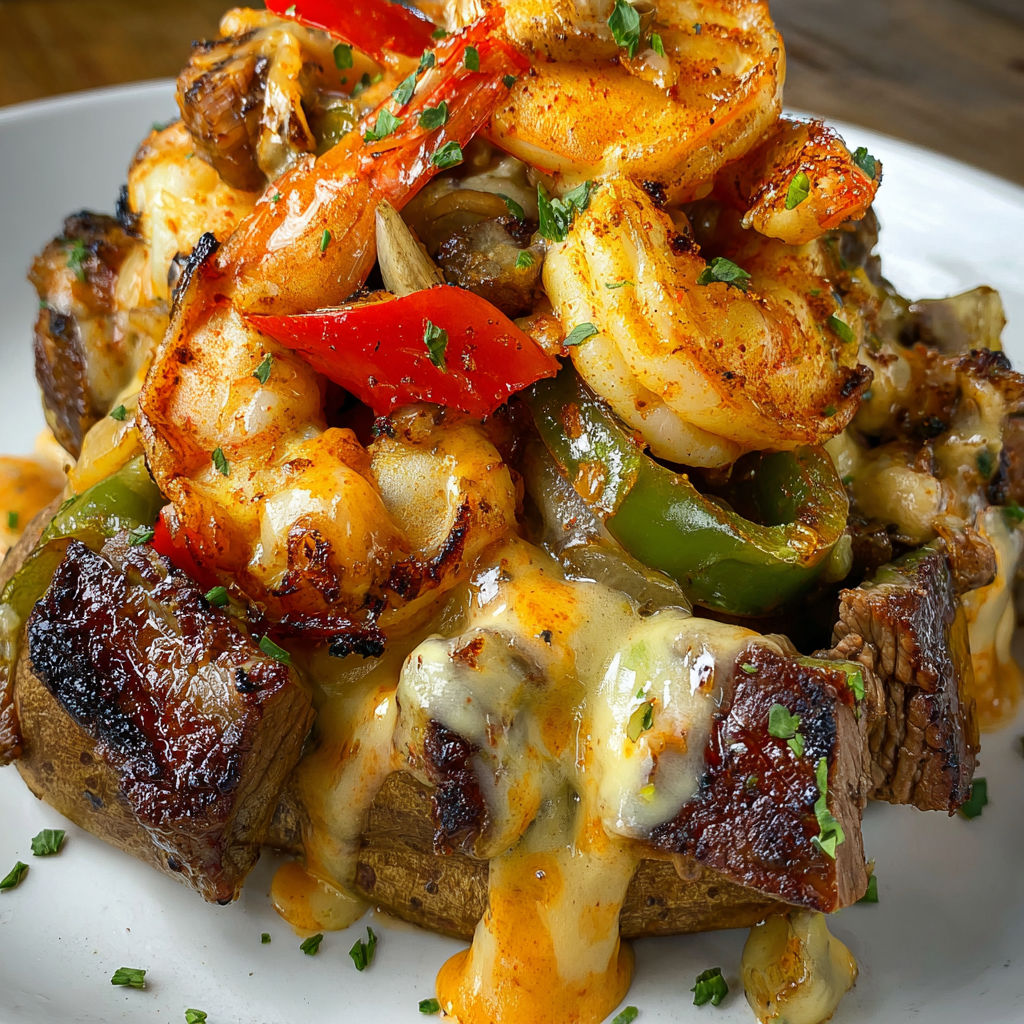 A delicious loaded baked potato with shrimp and cheese on top.