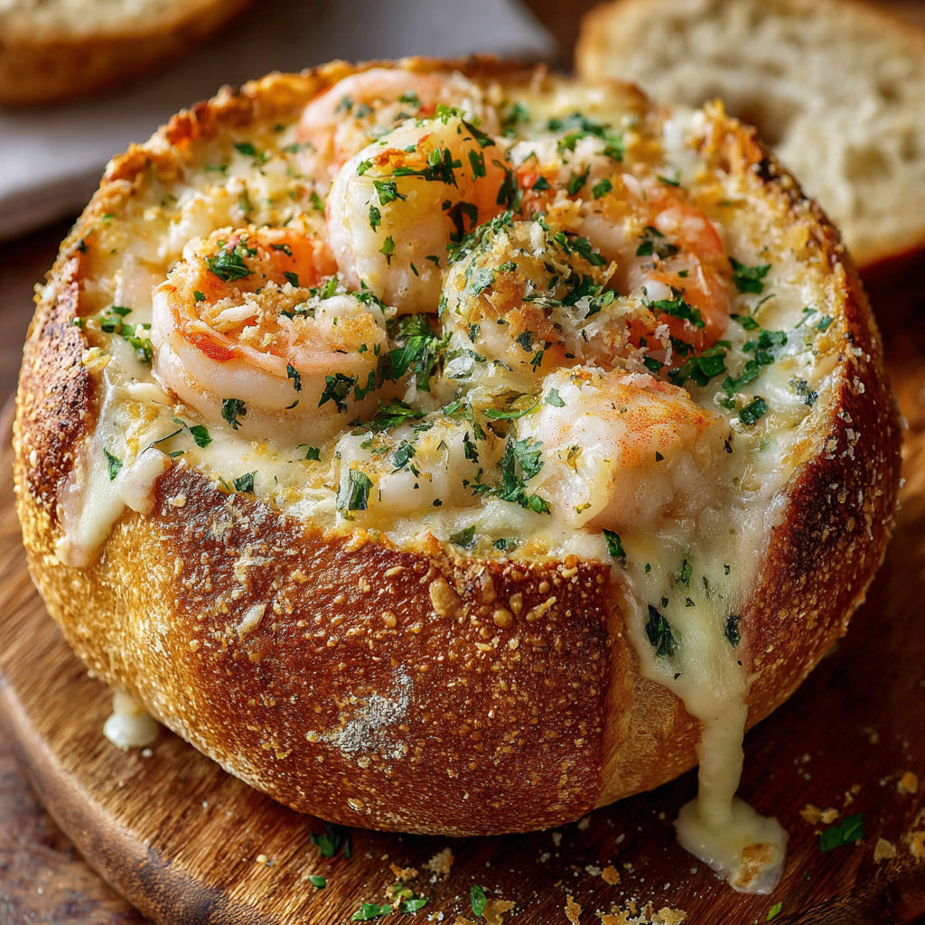 A delicious seafood dish is served in a bread bowl, topped with shrimp and cheese.