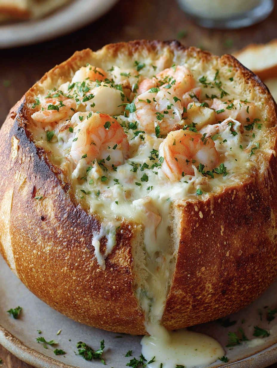 A baked bread bowl filled with shrimp and cheese.