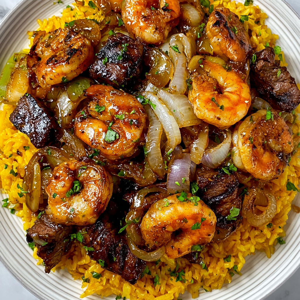 A plate of jerk steak and shrimp over tropical pilaf rice.