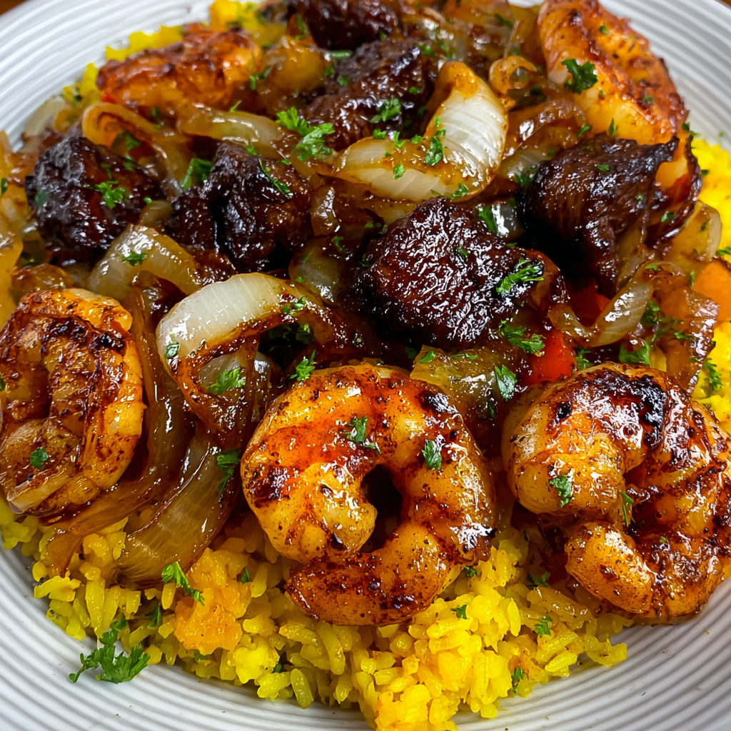 A plate of shrimp and onions with a yellow sauce.