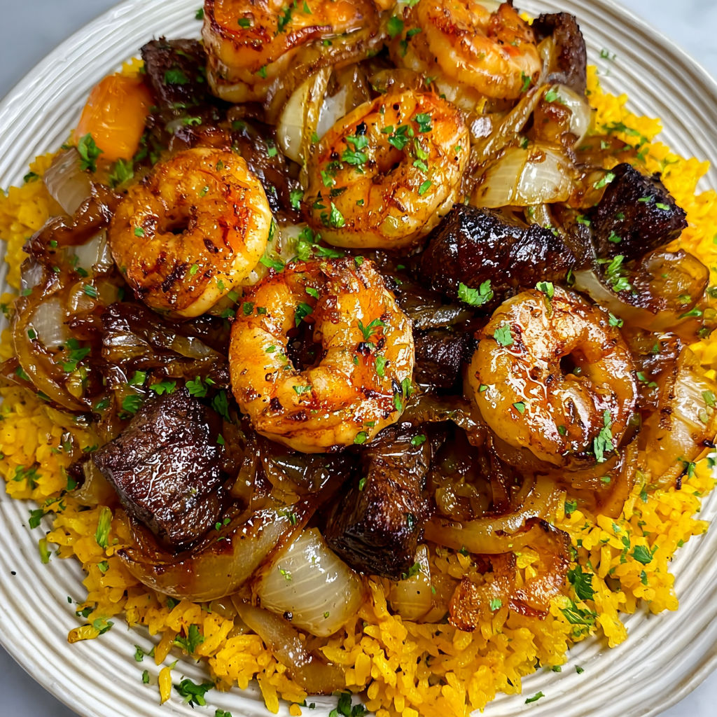 A plate of shrimp and onions with a yellow rice dish.