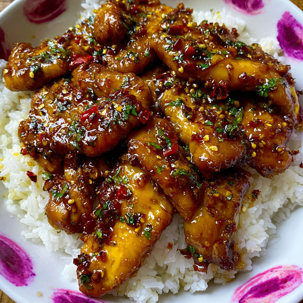 A plate of chicken with a honey garlic sauce, served with rice.