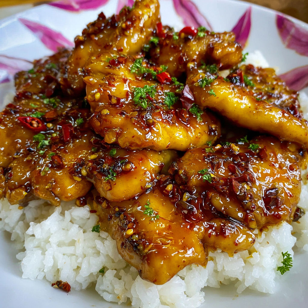 A plate of Chinese food with rice and chicken.