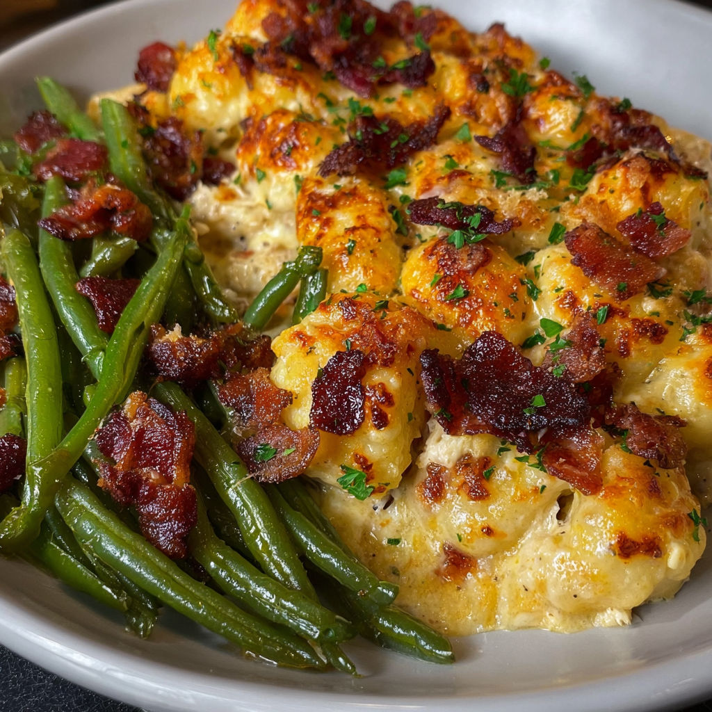 A plate of food with bacon, cheese, and green beans.