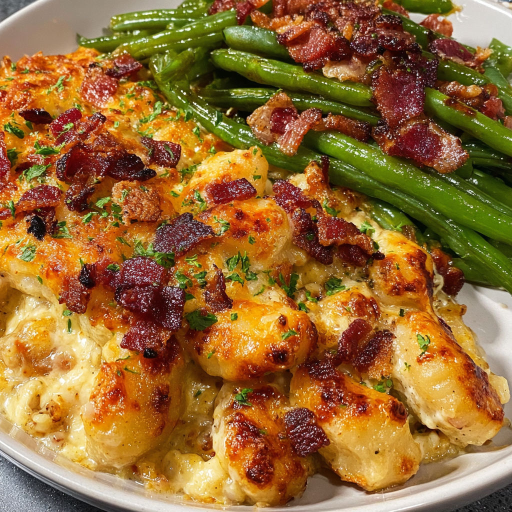 A plate of food with a cheesy bacon dish and green beans on the side.