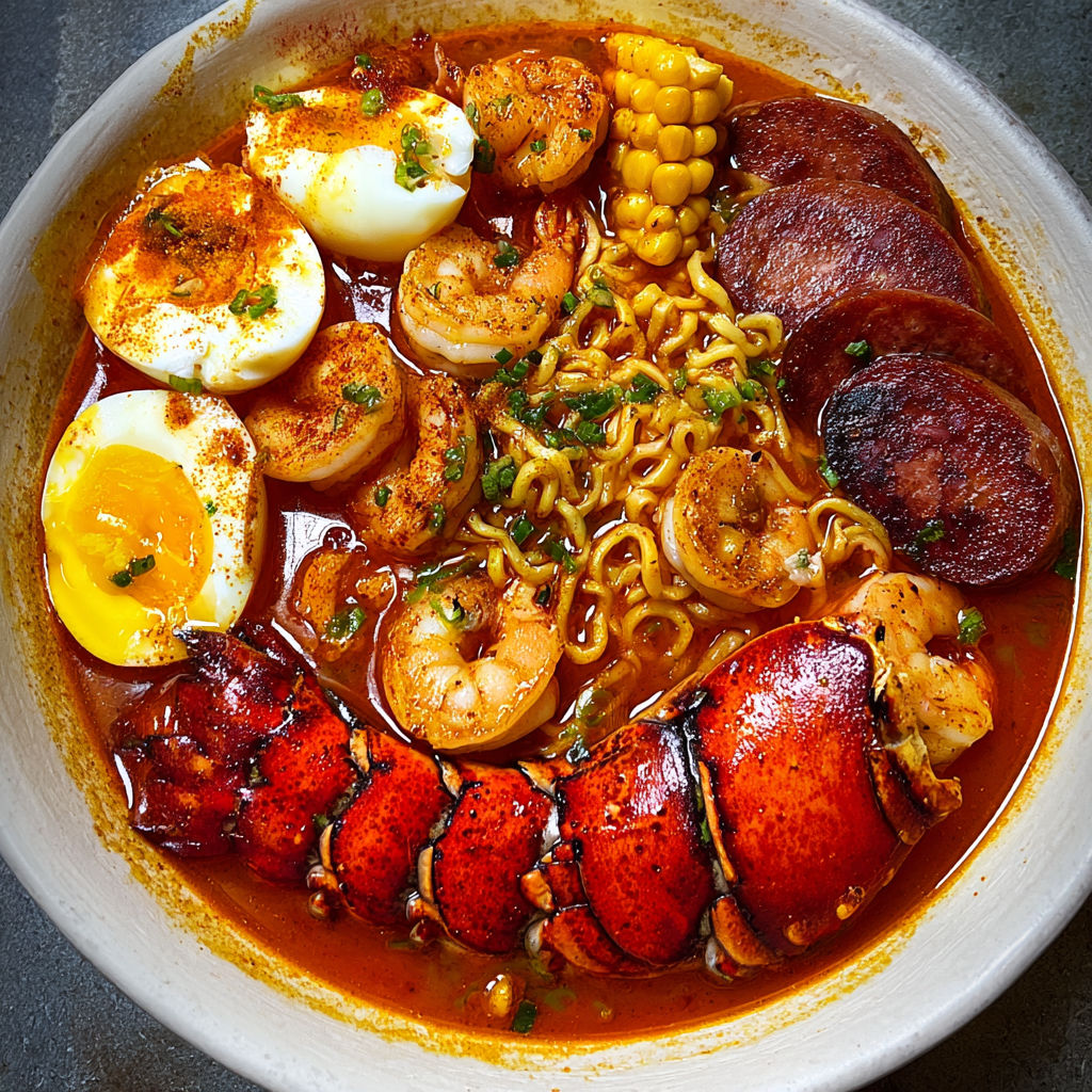 A bowl of Seafood Boil Ramen with shrimp, eggs, corn, and sausage.
