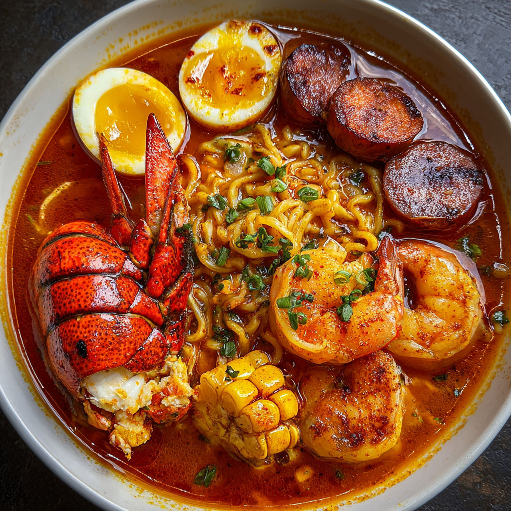 A bowl of Asian noodles with a variety of ingredients, including shrimp, eggs, and corn.