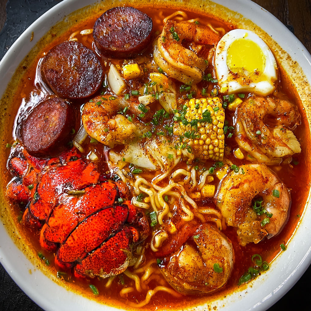 A bowl of Asian noodle soup with a variety of ingredients, including shrimp, egg, and sausage.
