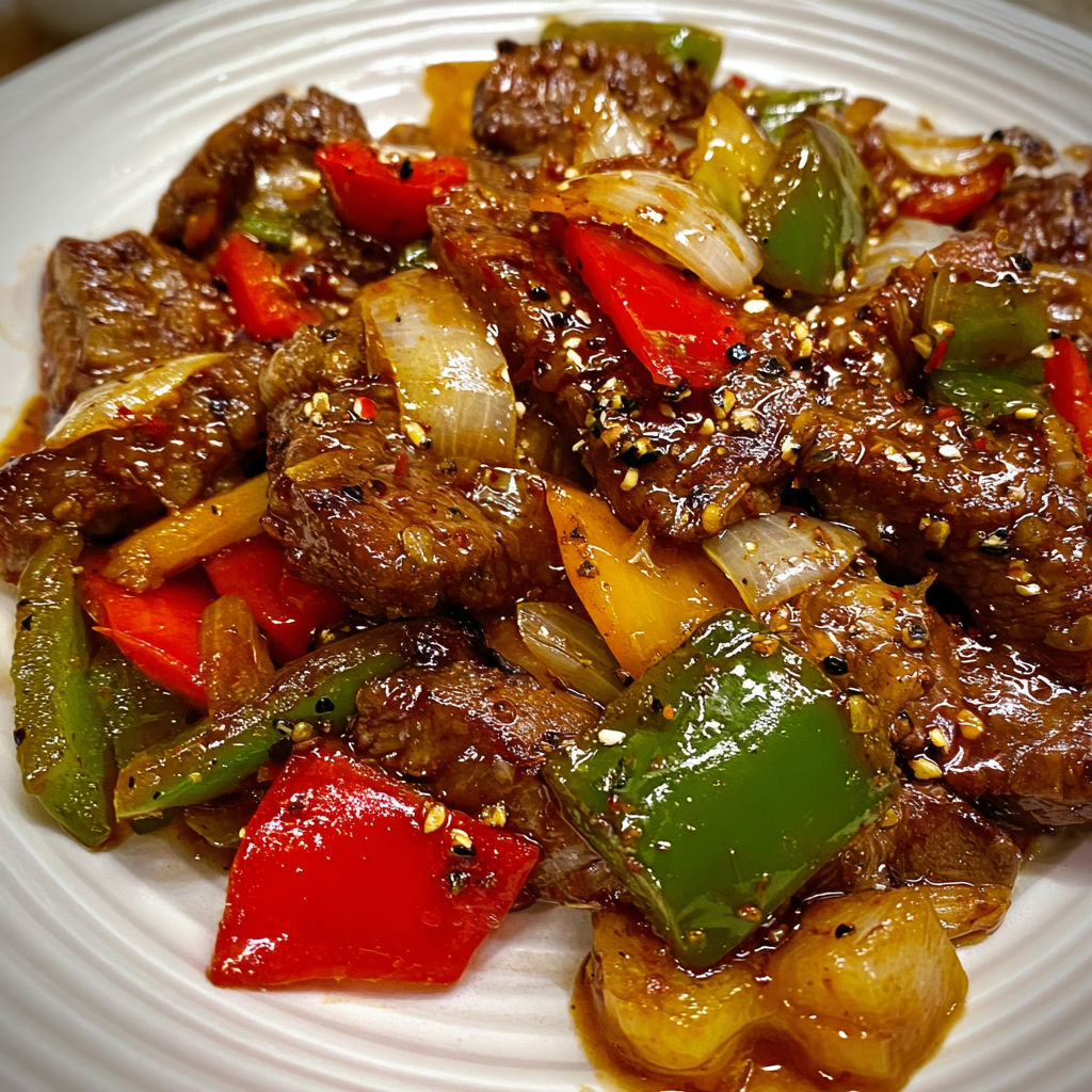 A plate of beef with peppers and onions, possibly a pepper steak recipe.