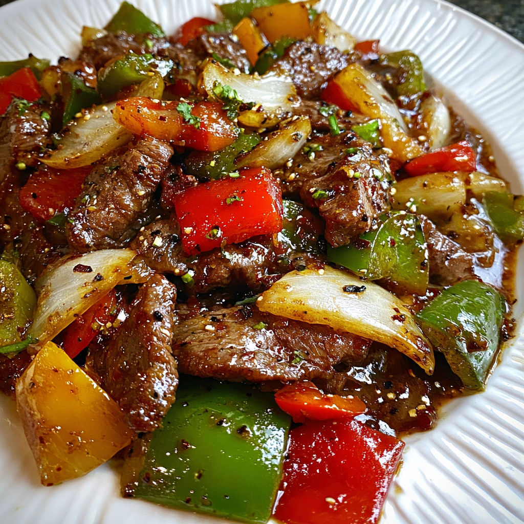 A plate of beef stir fry with peppers and onions.